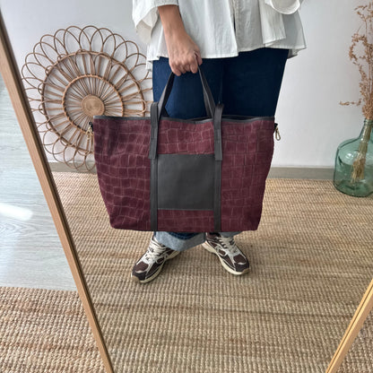 Bolso shopper bolsillo serraje y piel granate