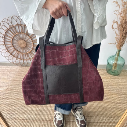 Bolso shopper bolsillo serraje y piel granate