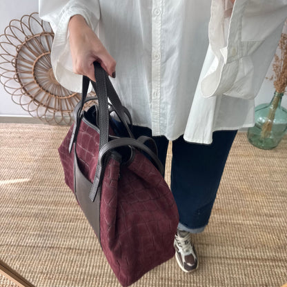 Bolso shopper bolsillo serraje y piel granate
