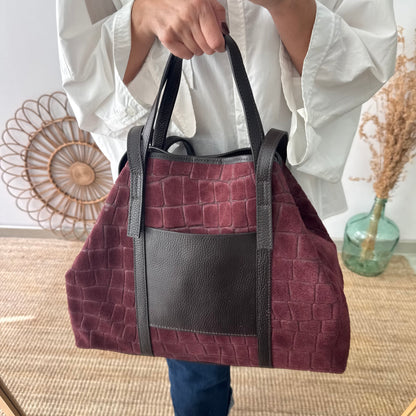 Bolso shopper bolsillo serraje y piel granate