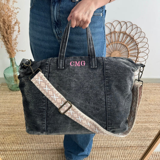 Bolsa denim ovalada negro iniciales bordadas - Bubbleshopbcn