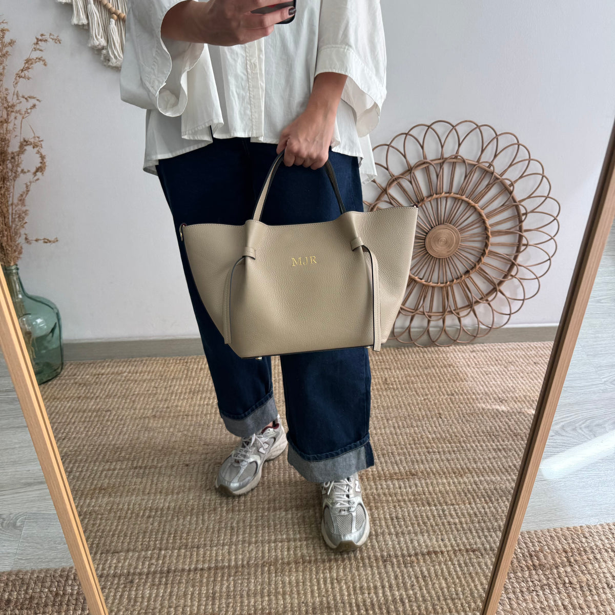 Bolso piel lazos taupe
