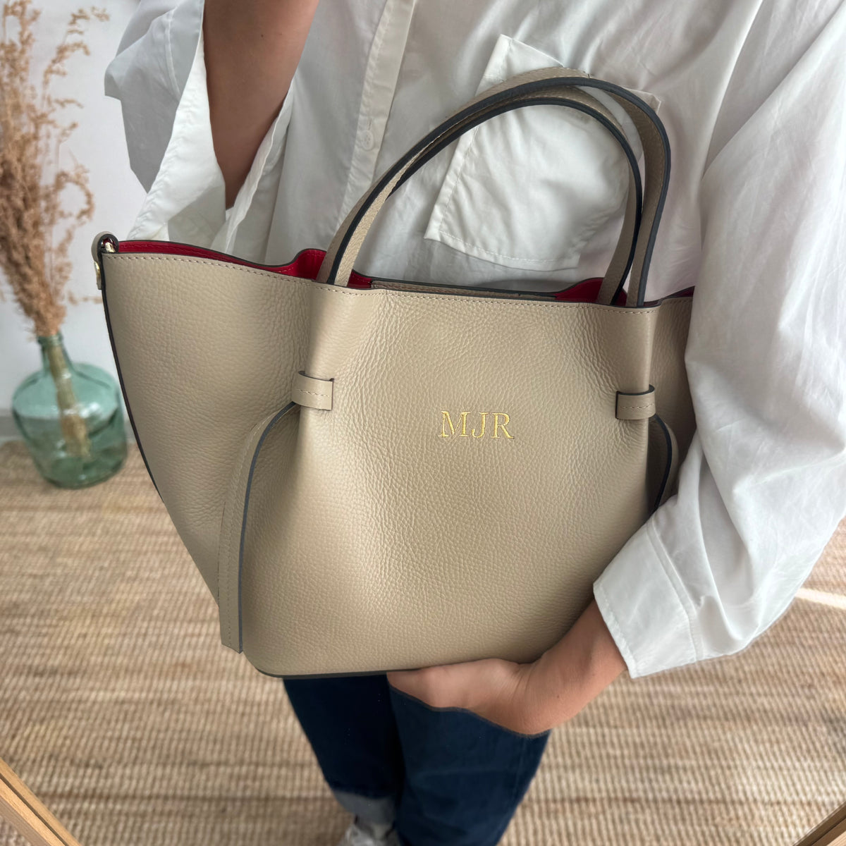 Bolso piel lazos taupe