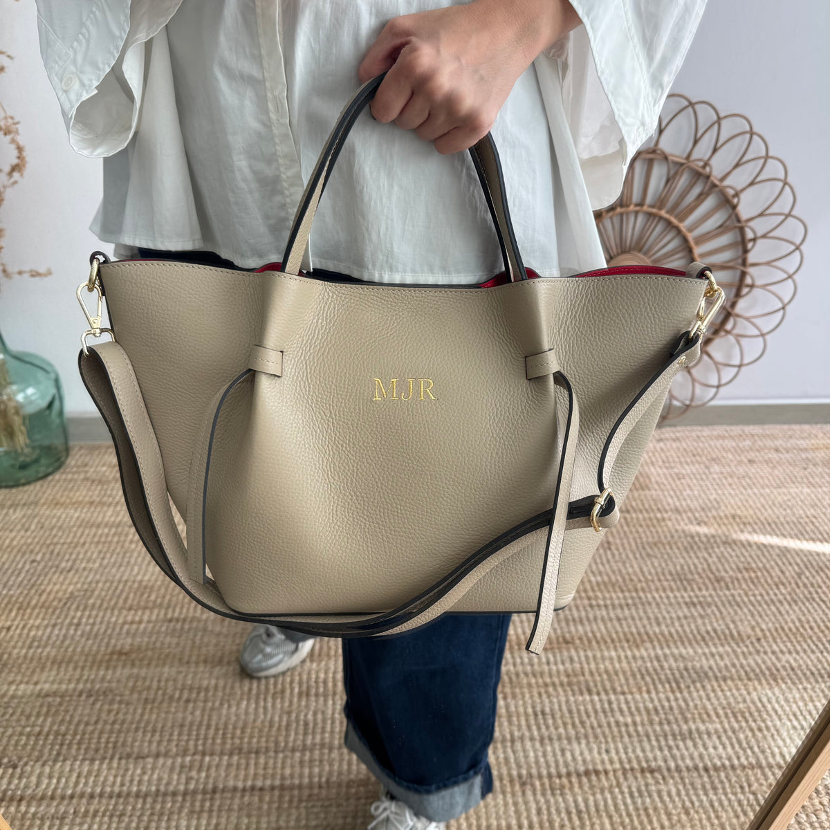 Bolso piel lazos taupe