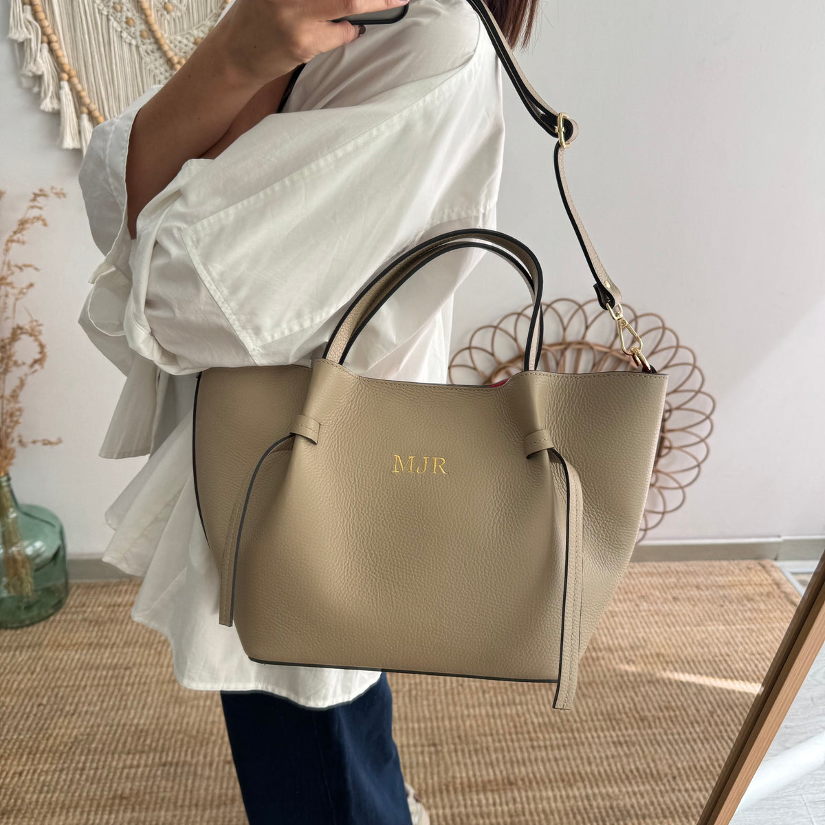 Bolso piel lazos taupe