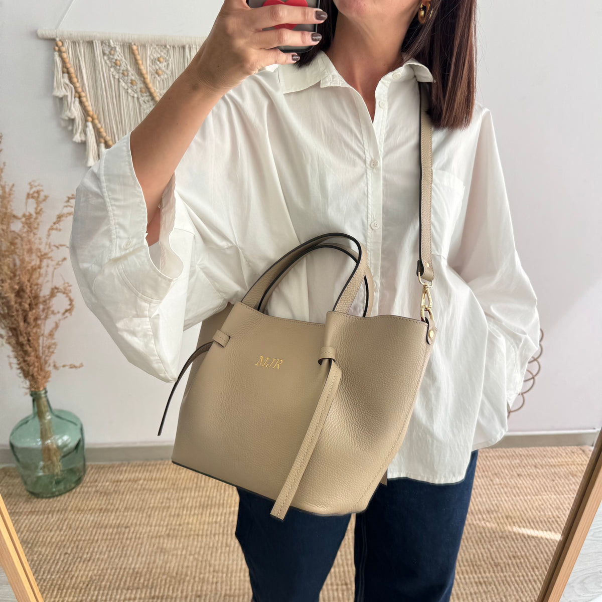 Bolso piel lazos taupe