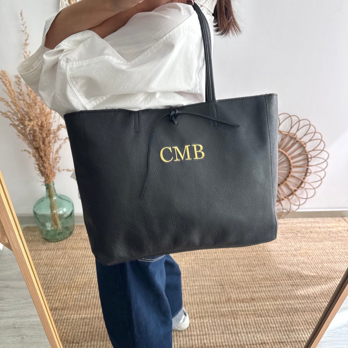 Shopper grande piel negro cremallera personalizado iniciales bordadas