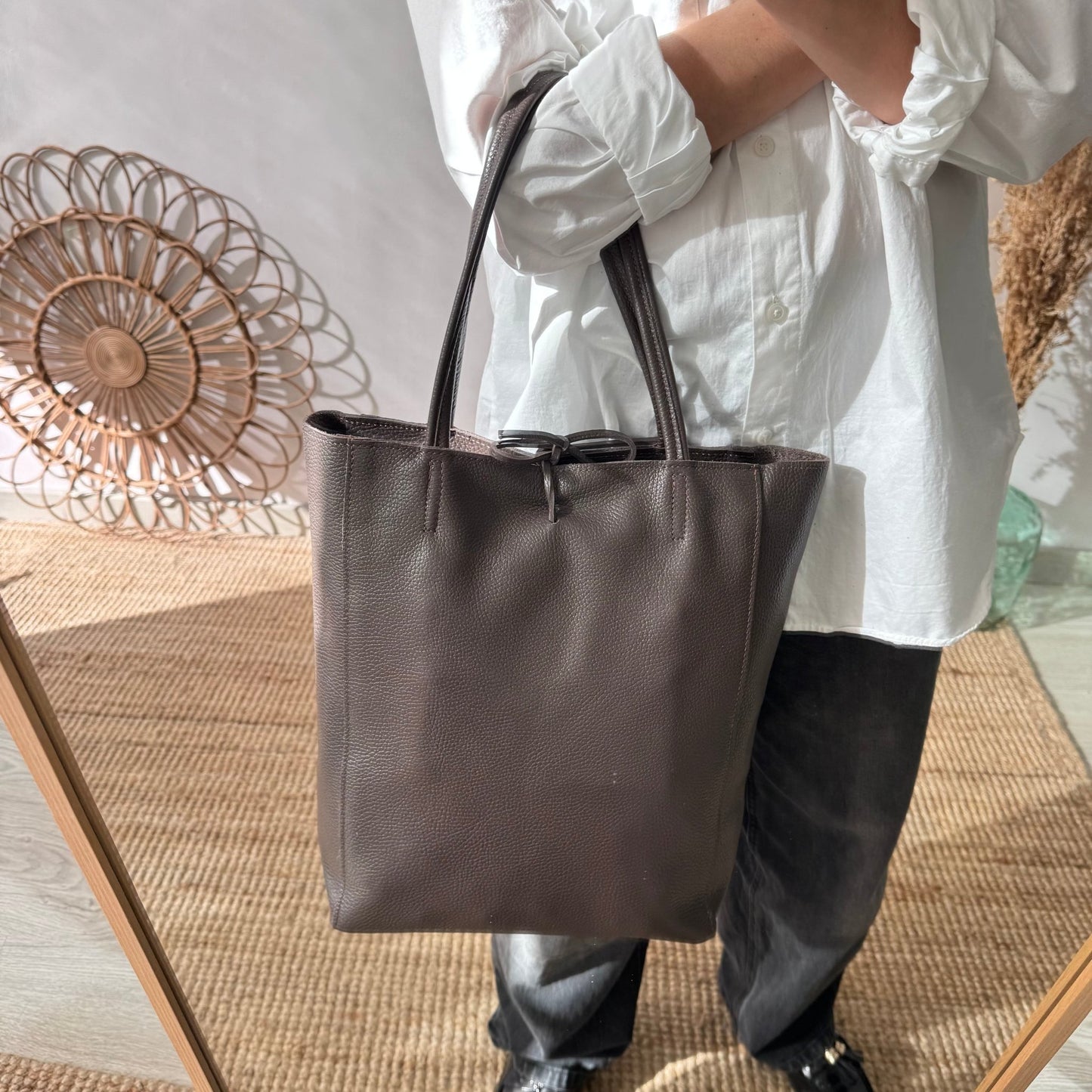 Bolso grande piel marrón personalizado iniciales bordadas - Bubbleshopbcn