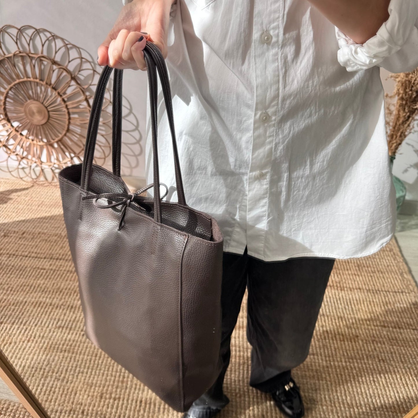 Bolso grande piel marrón personalizado iniciales bordadas - Bubbleshopbcn