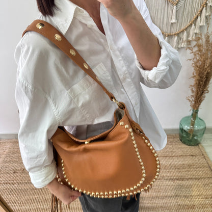 Bolso Hobo tachuelas y Flecos en Piel camel