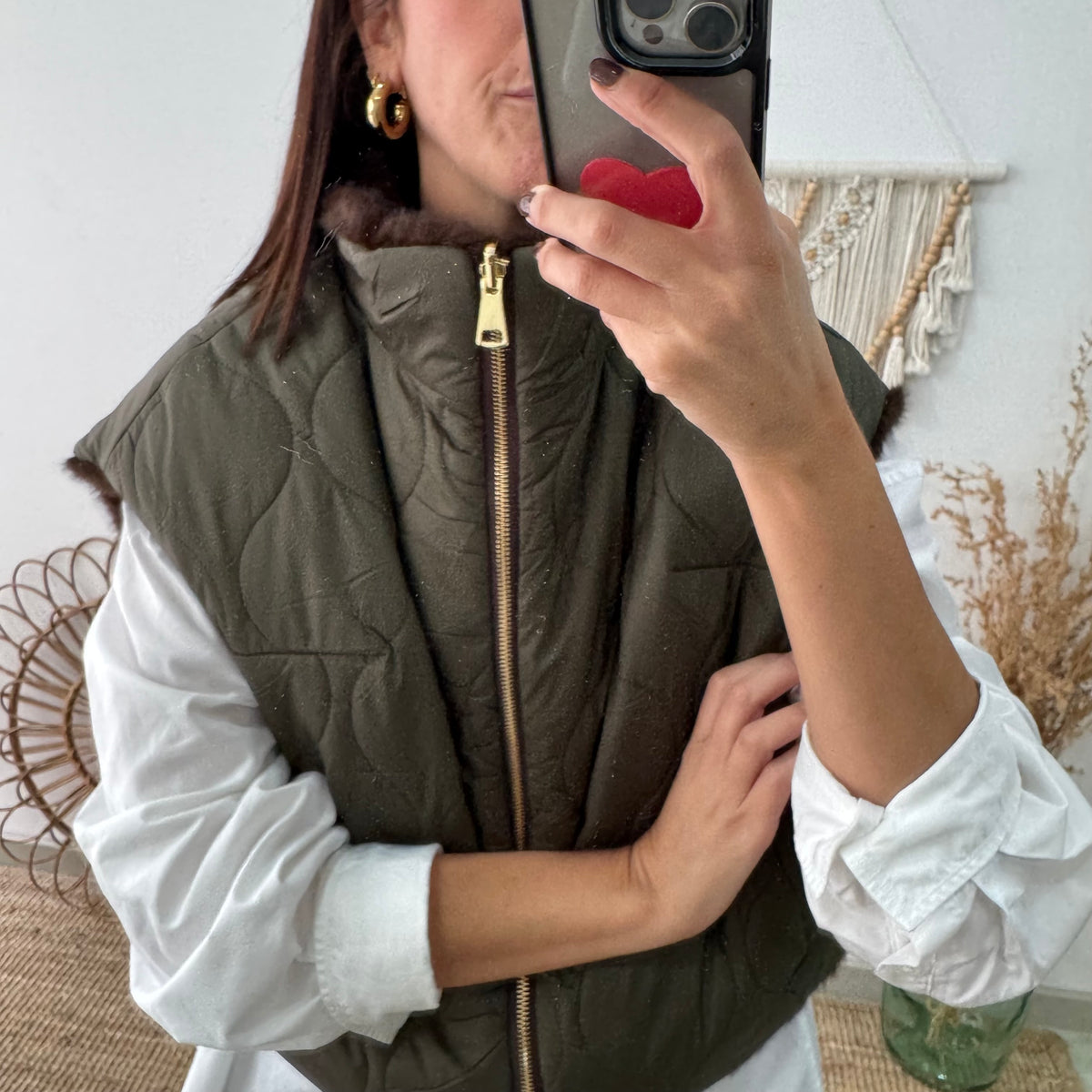 Chaleco Corto de Doble Cara con Cuello Alto caqui