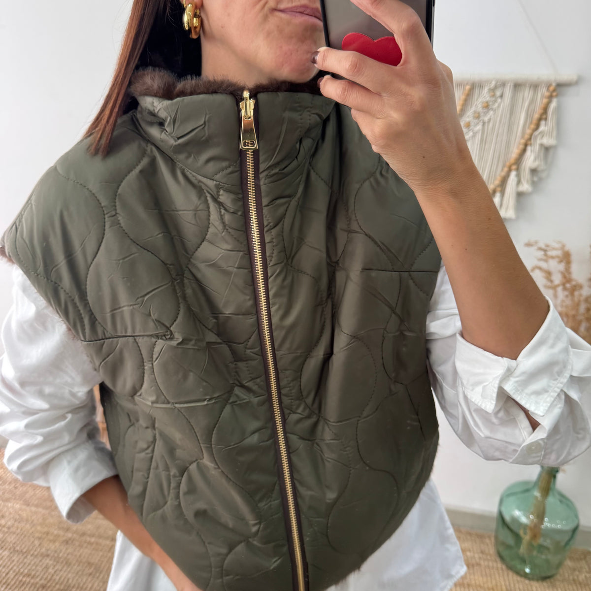 Chaleco Corto de Doble Cara con Cuello Alto caqui