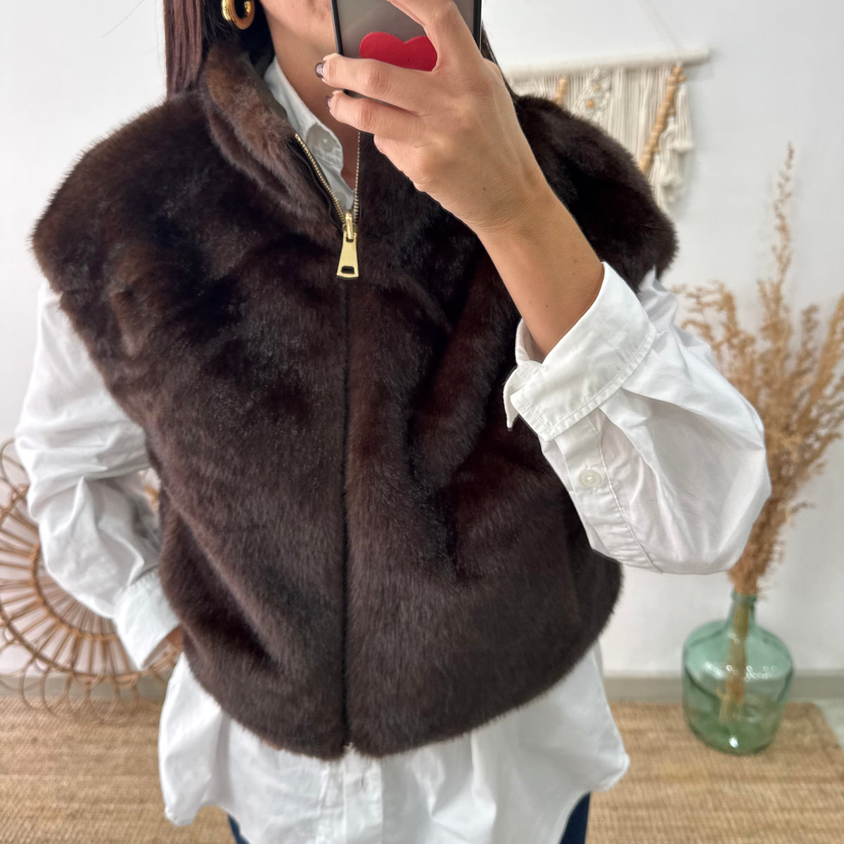 Chaleco Corto de Doble Cara con Cuello Alto caqui