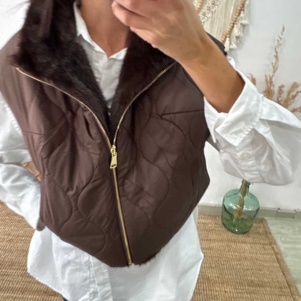Chaleco Corto de Doble Cara con Cuello Alto marrón