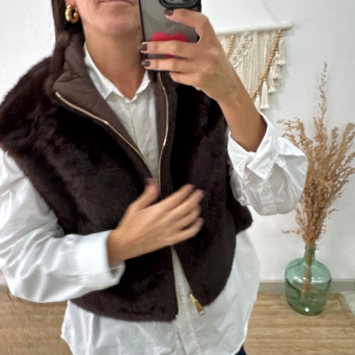 Chaleco Corto de Doble Cara con Cuello Alto marrón
