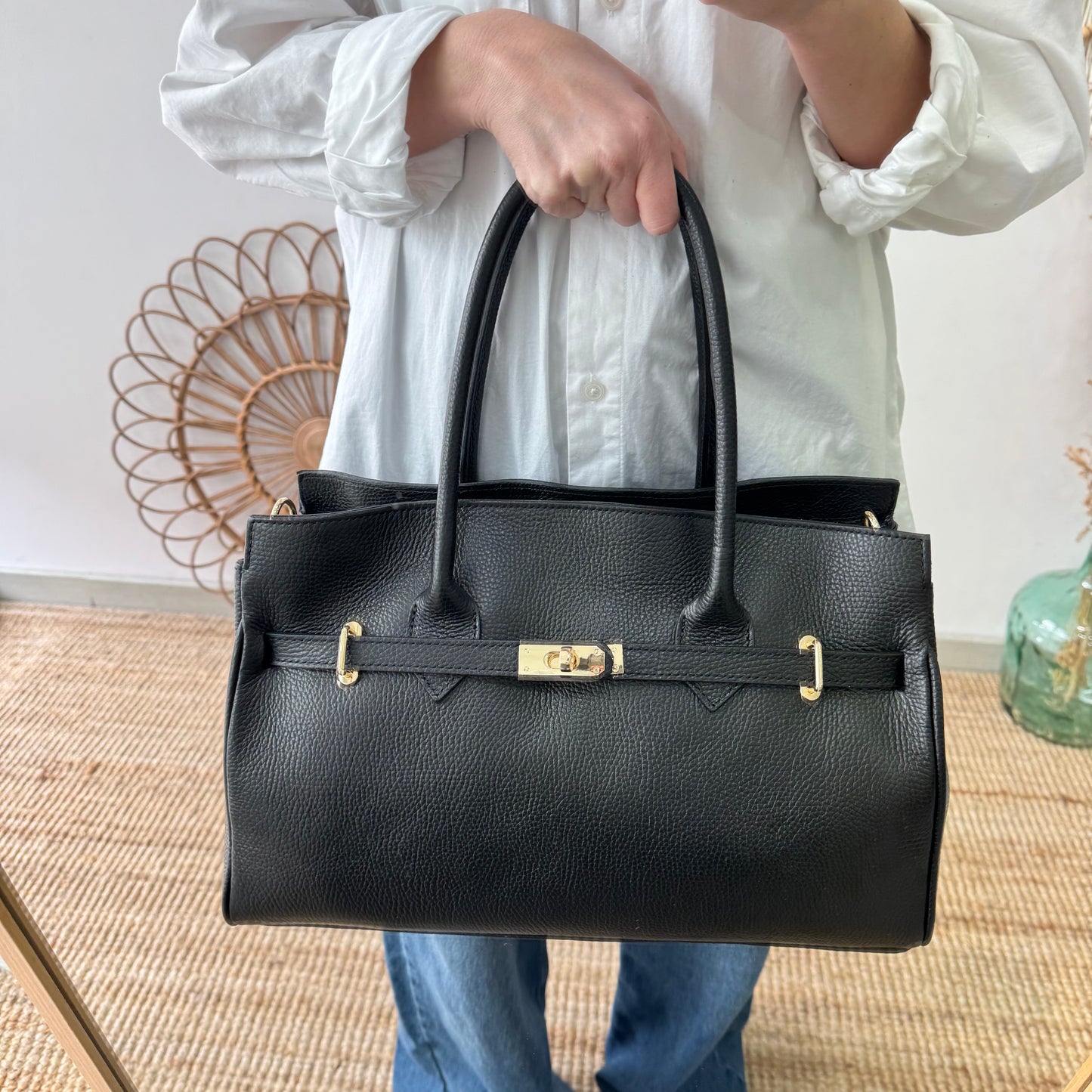 Bolso shopper negro cierre dorado