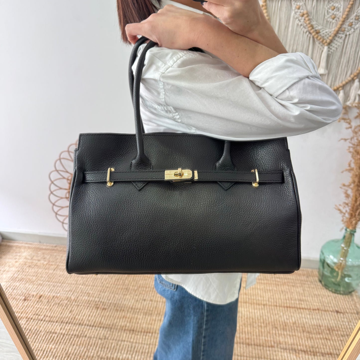 Bolso shopper negro cierre dorado
