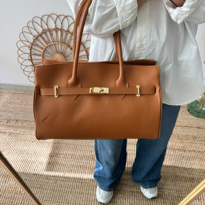 Bolso shopper camel cierre dorado