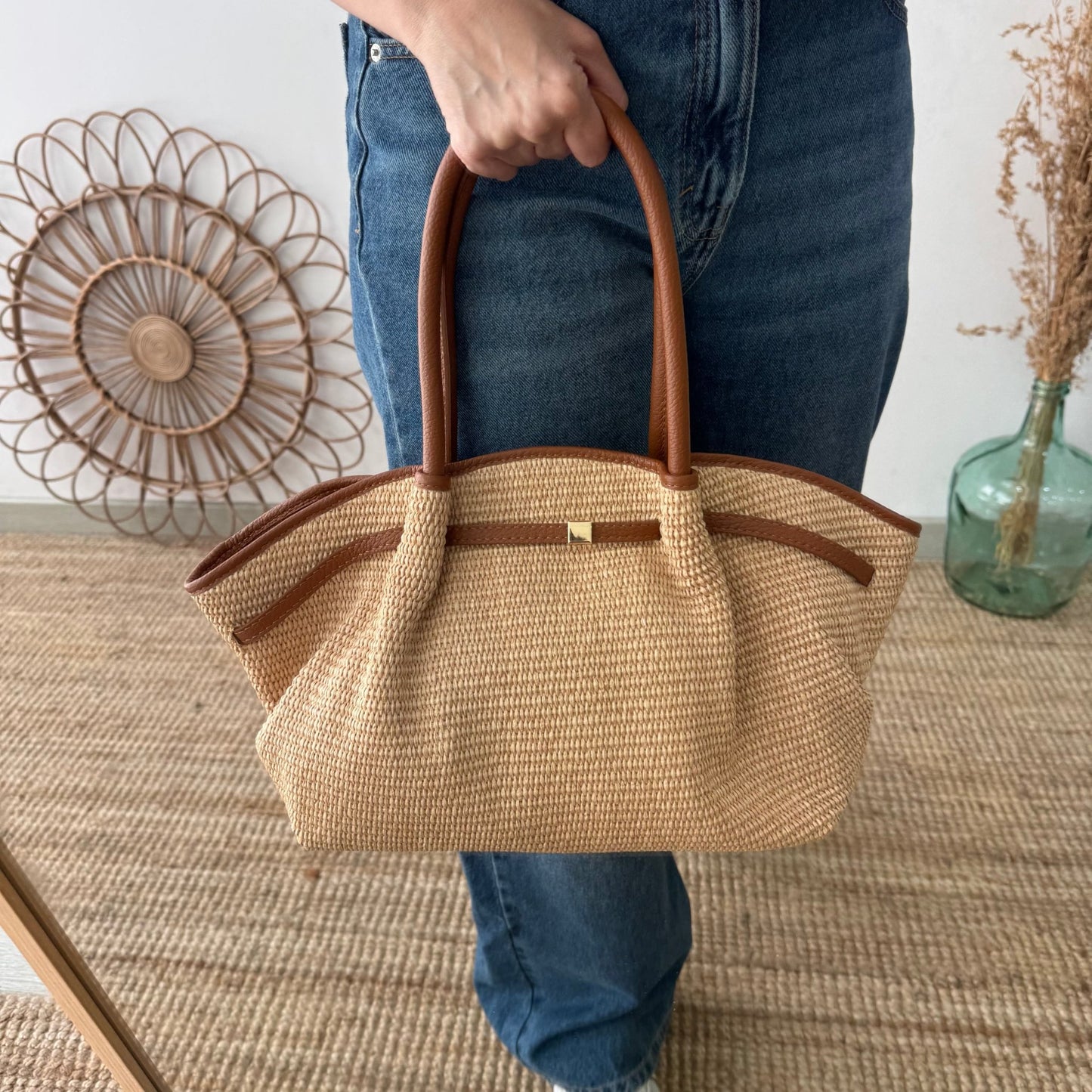 Bolso saco estructurado rafia y piel camel - Bubbleshopbcn