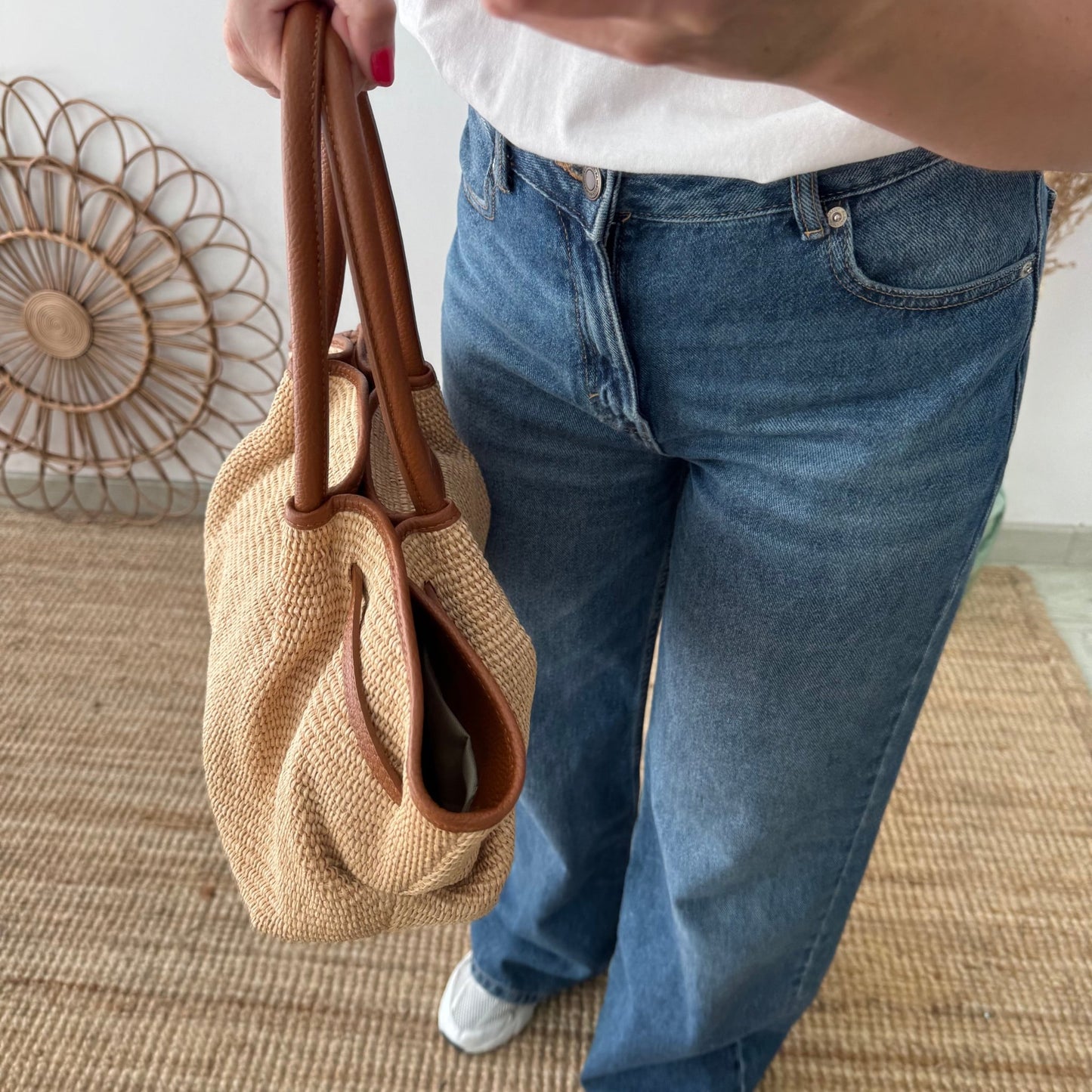 Bolso saco estructurado rafia y piel camel - Bubbleshopbcn