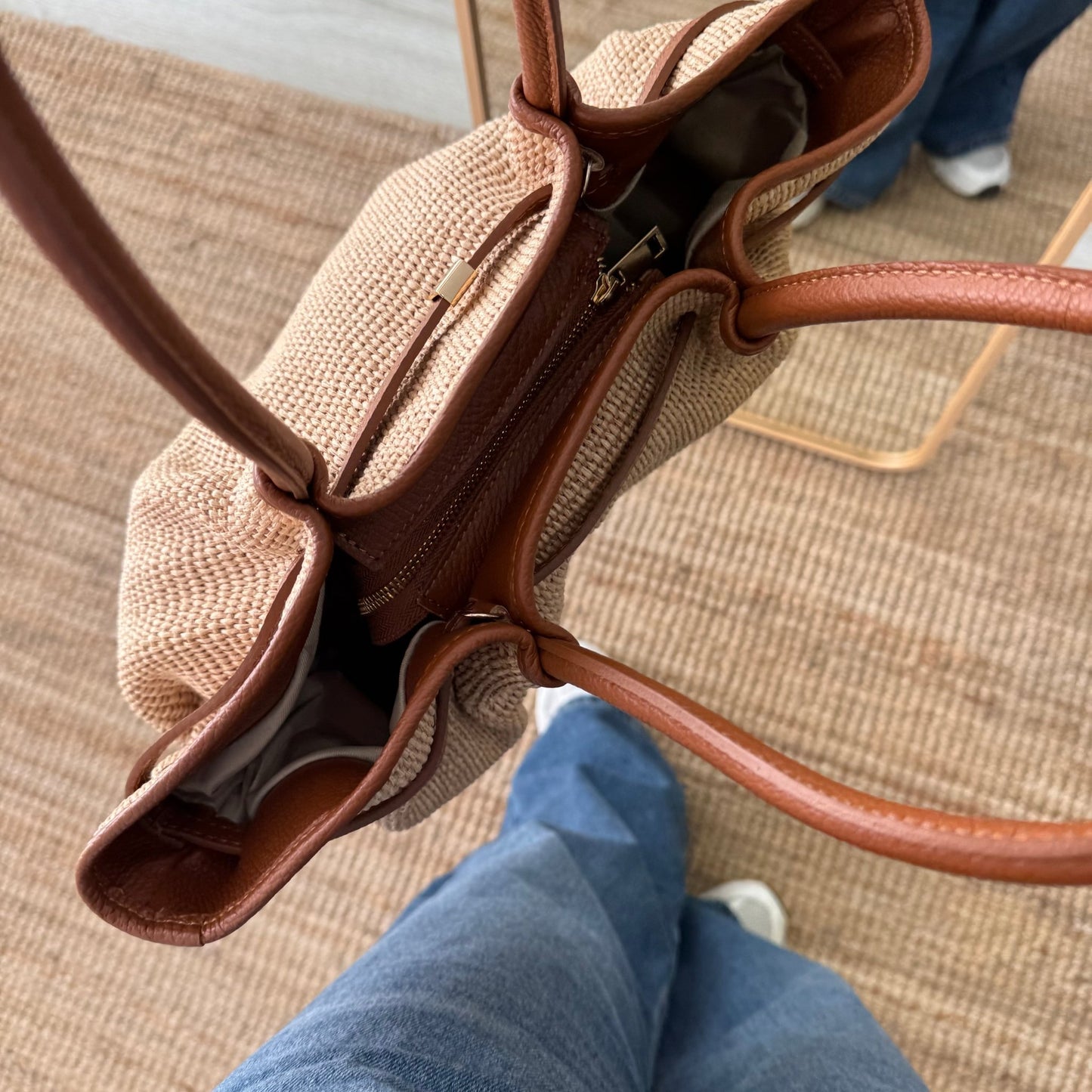 Bolso saco estructurado rafia y piel camel - Bubbleshopbcn