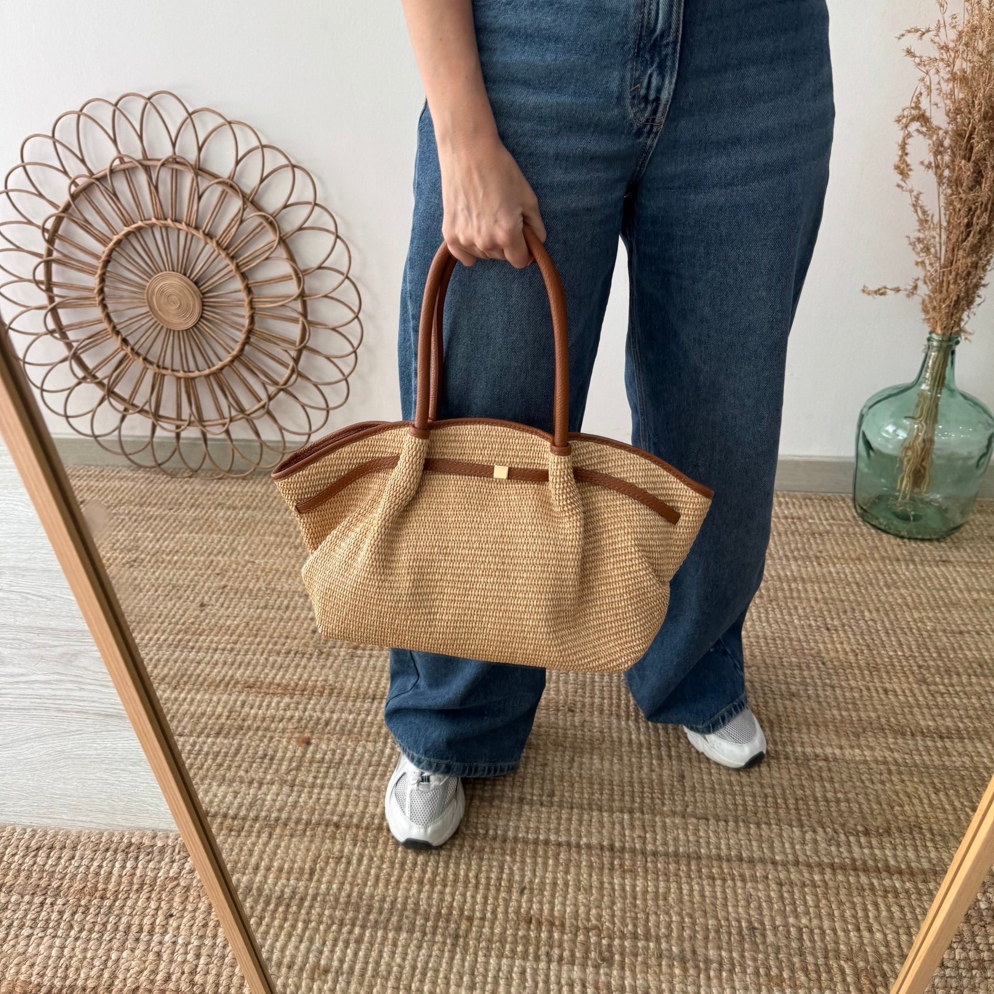 Bolso saco estructurado rafia y piel camel - Bubbleshopbcn
