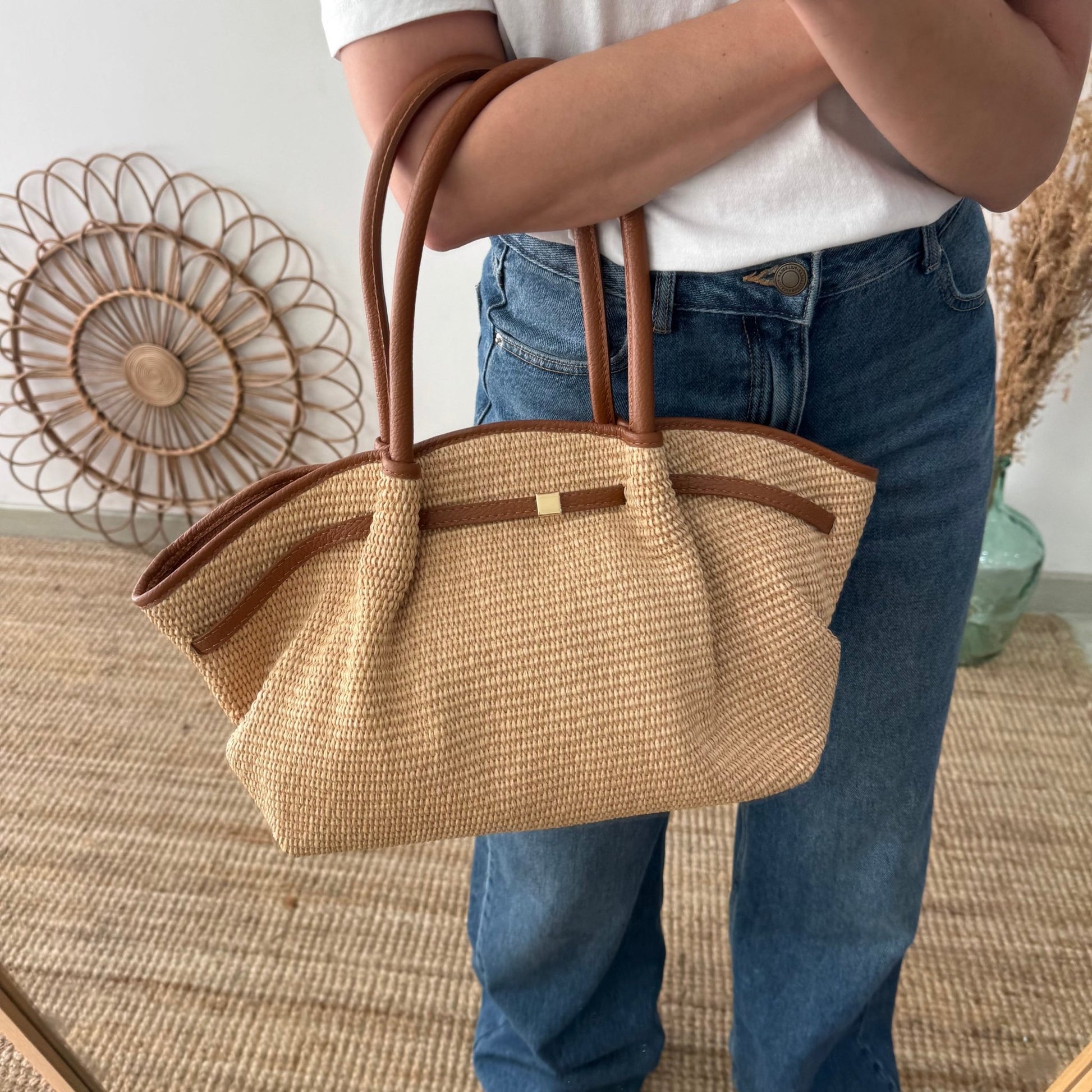 Bolso saco estructurado rafia y piel camel - Bubbleshopbcn