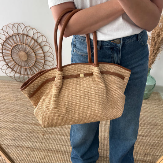 Bolso saco estructurado rafia y piel camel