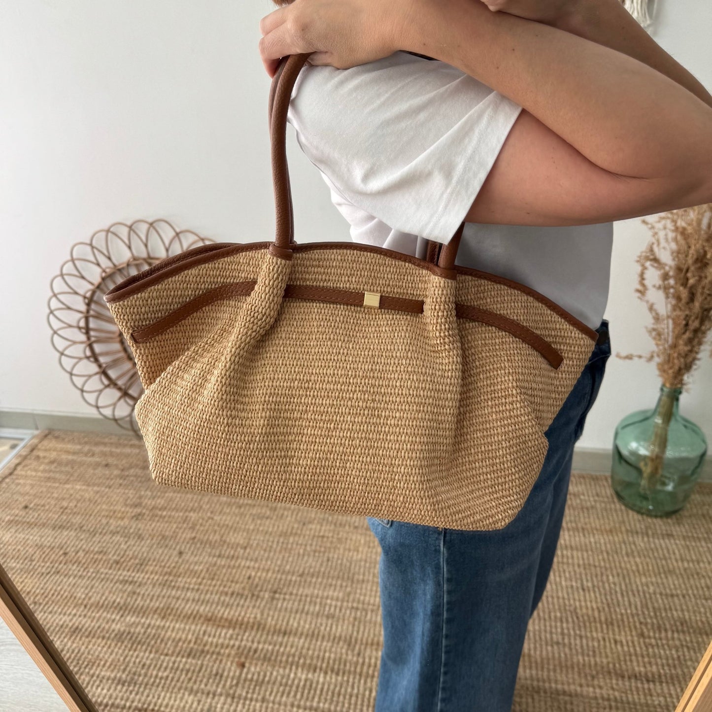 Bolso saco estructurado rafia y piel camel - Bubbleshopbcn