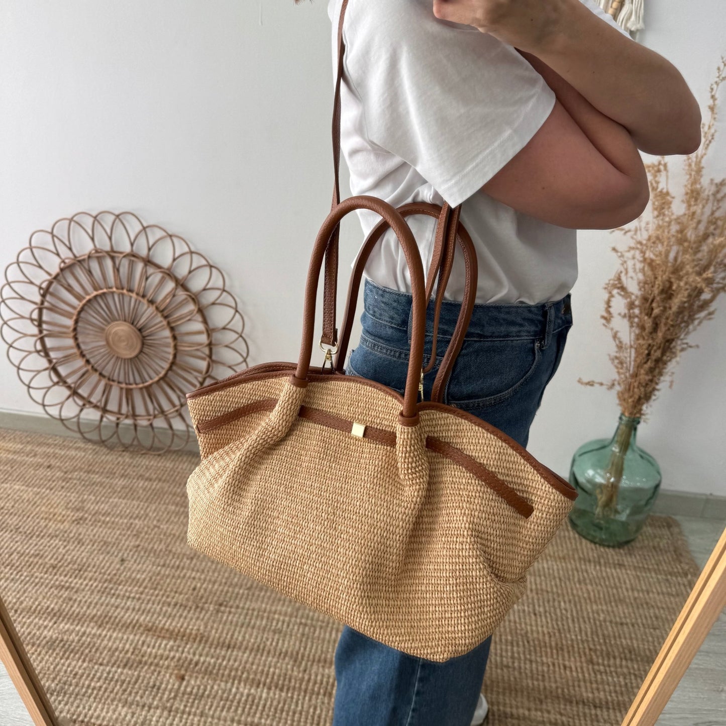 Bolso saco estructurado rafia y piel camel - Bubbleshopbcn