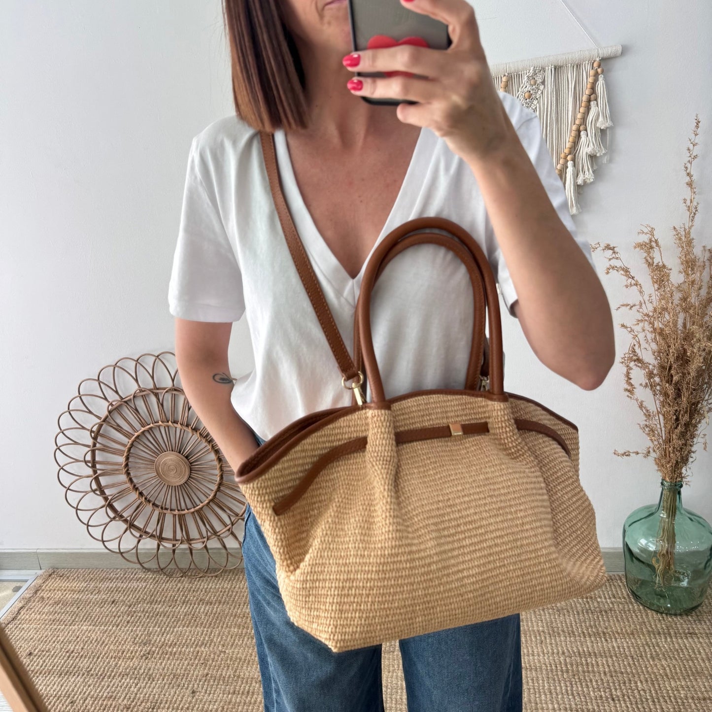 Bolso saco estructurado rafia y piel camel - Bubbleshopbcn