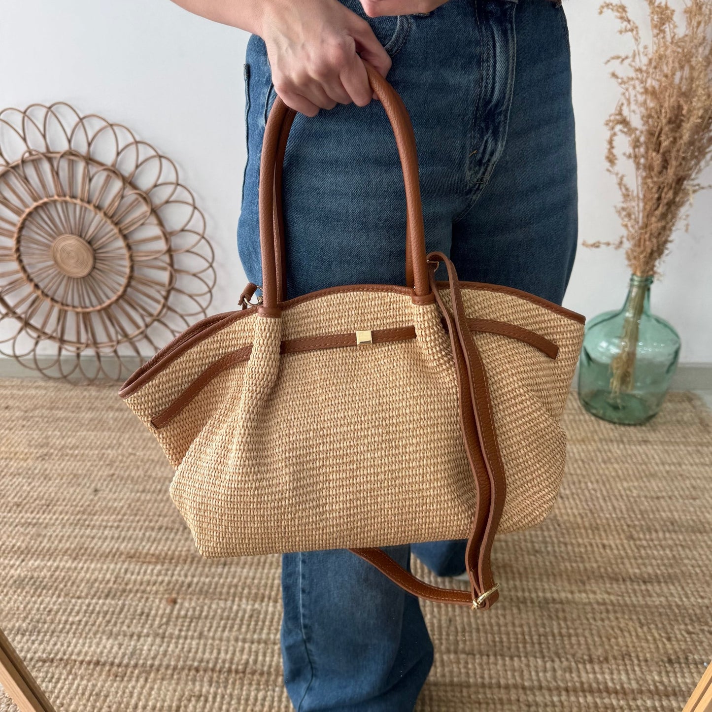 Bolso saco estructurado rafia y piel camel - Bubbleshopbcn