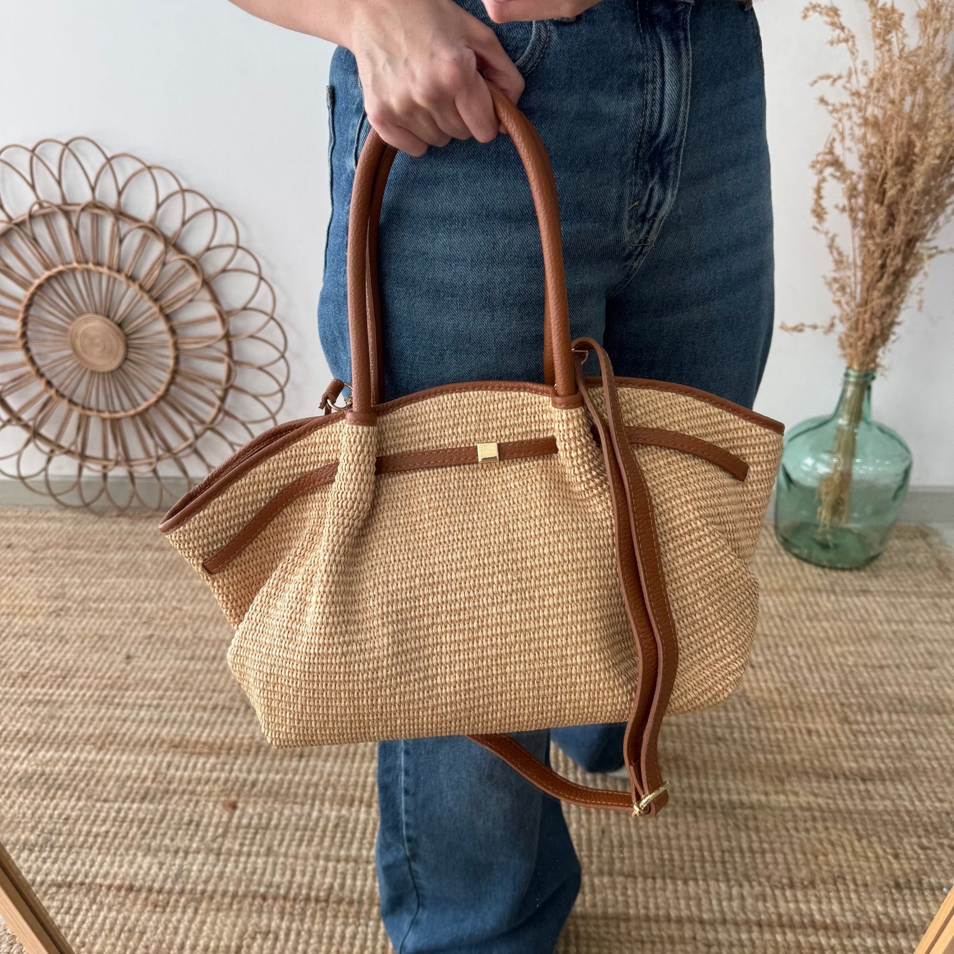 Bolso saco estructurado rafia y piel camel - Bubbleshopbcn