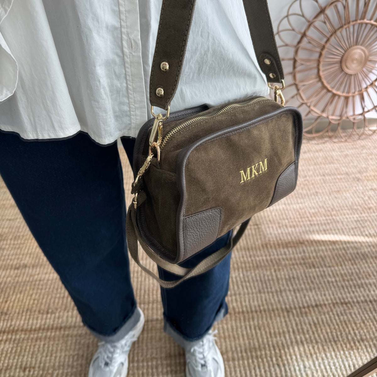 Bolso baúl serraje caqui y piel marrón