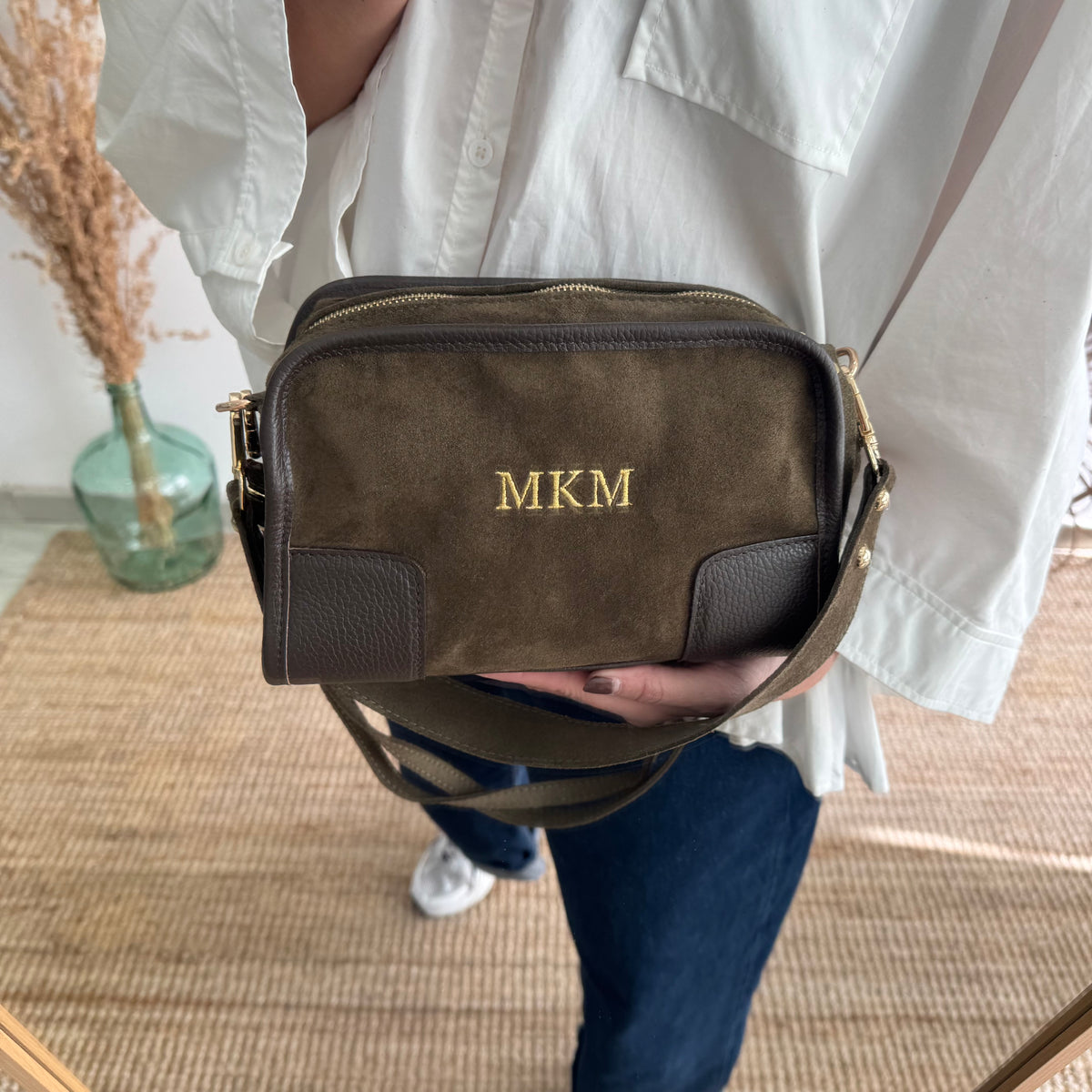 Bolso baúl serraje caqui y piel marrón