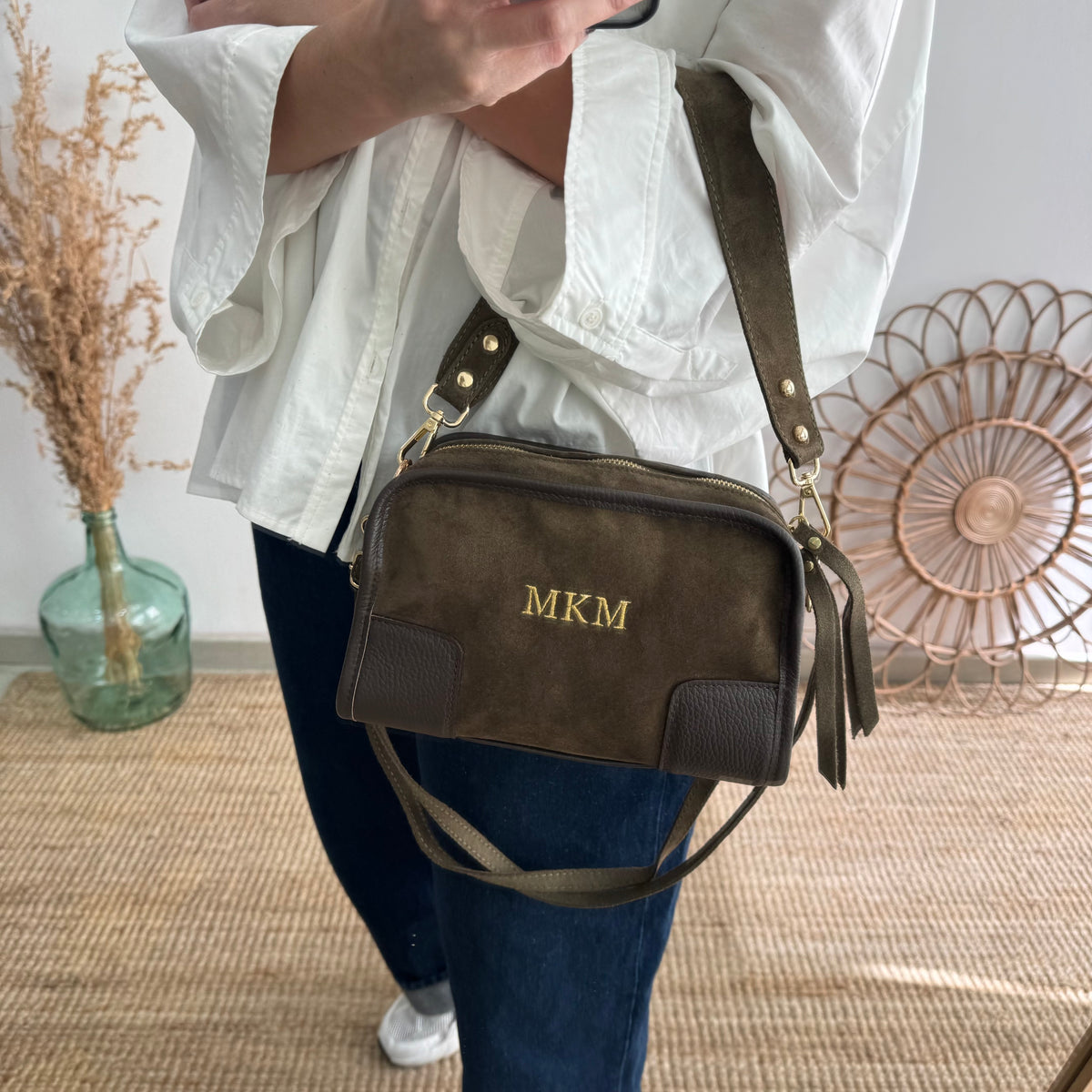 Bolso baúl serraje caqui y piel marrón