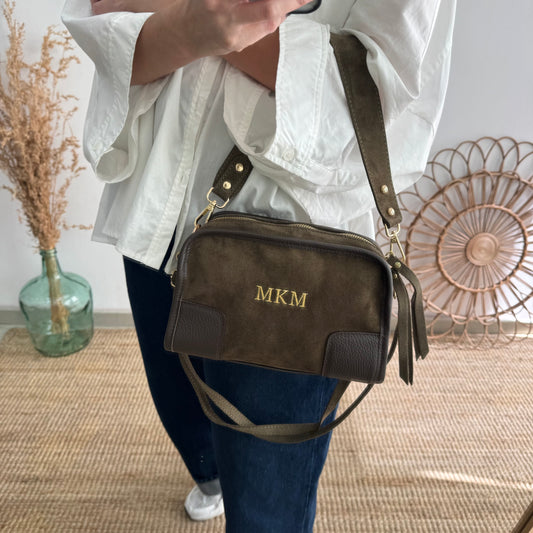 Bolso baúl serraje caqui y piel marrón