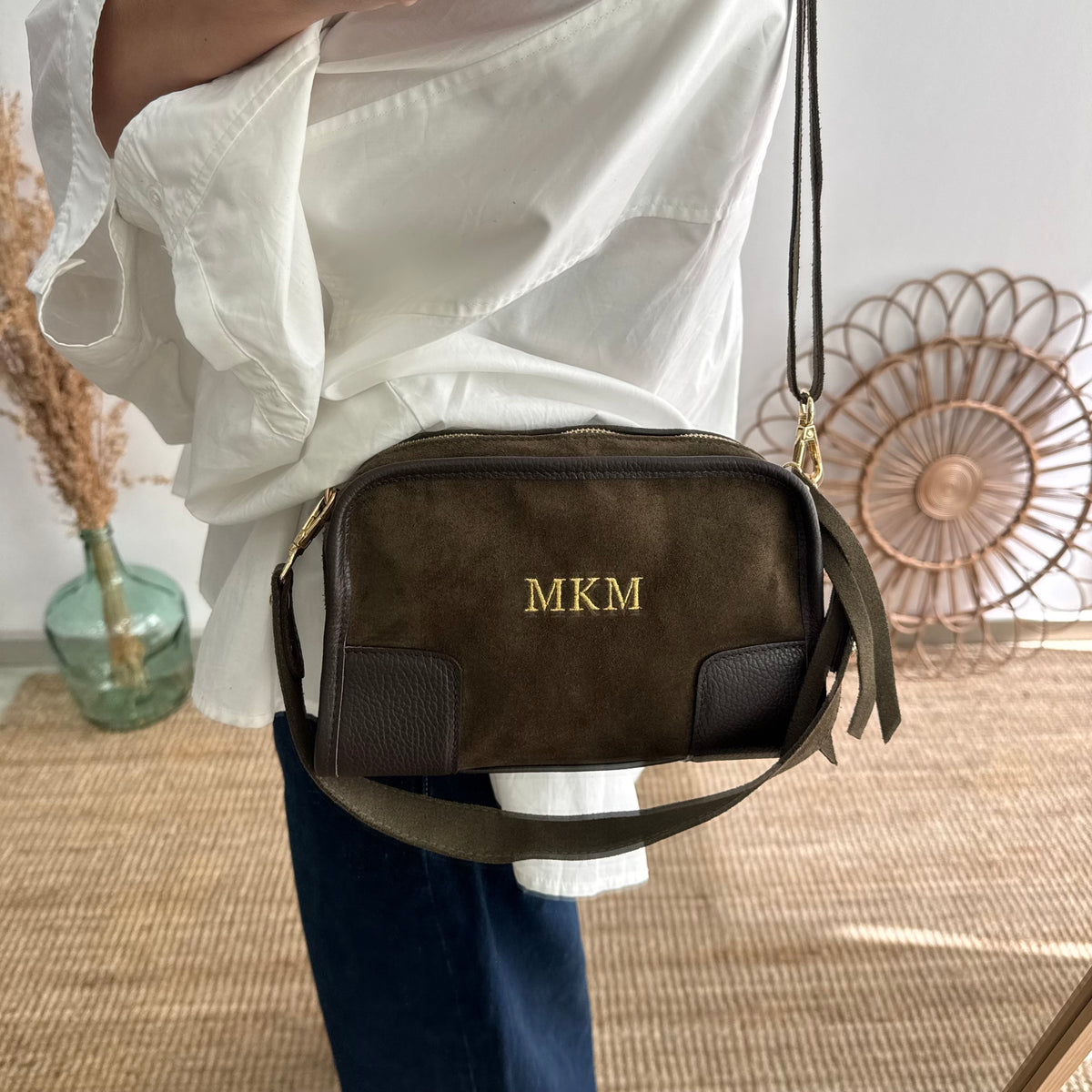 Bolso baúl serraje caqui y piel marrón