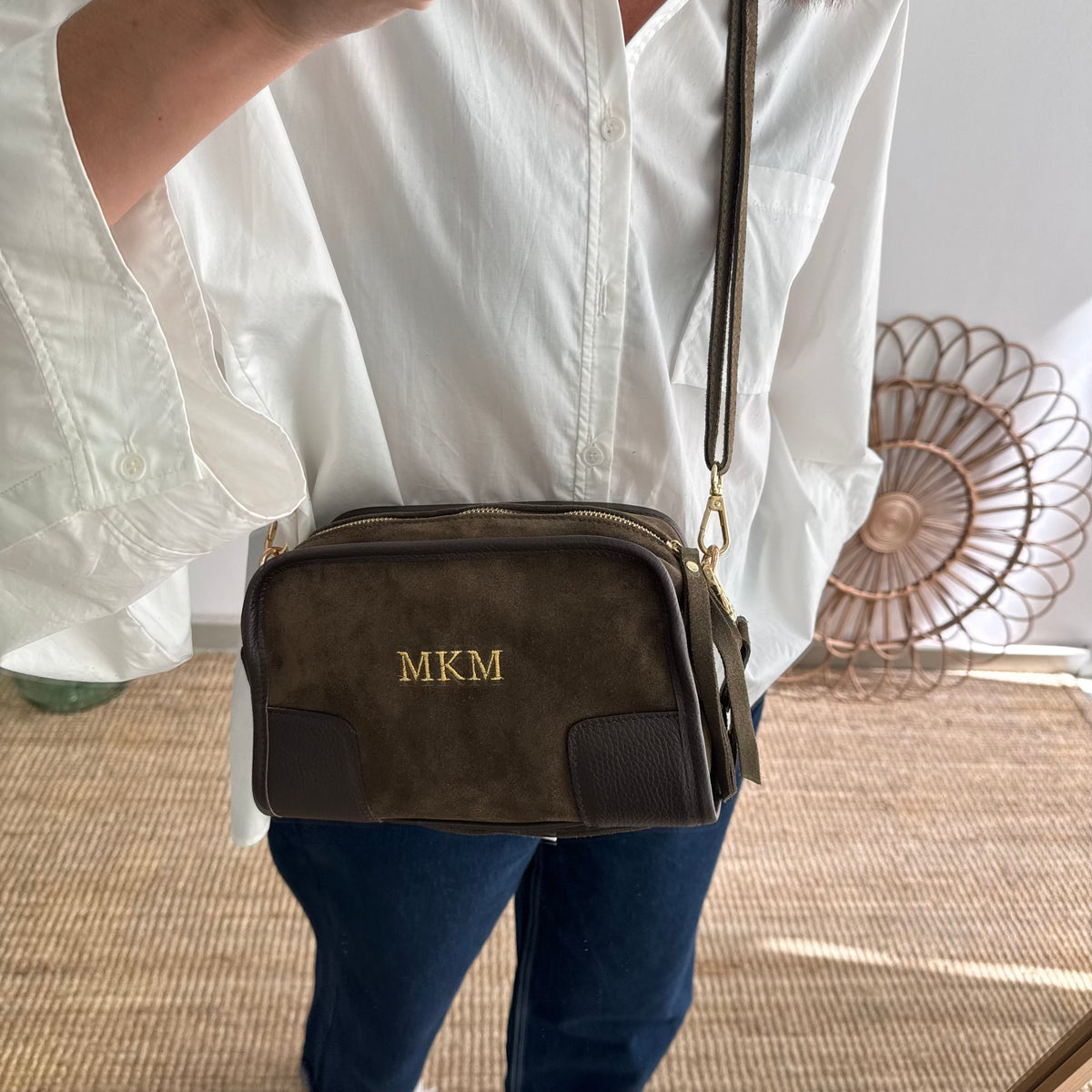 Bolso baúl serraje caqui y piel marrón