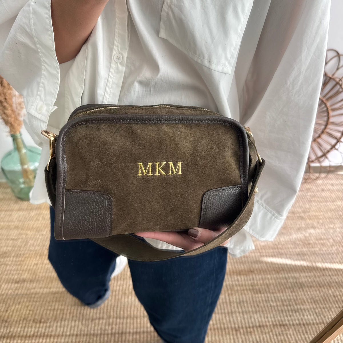 Bolso baúl serraje caqui y piel marrón