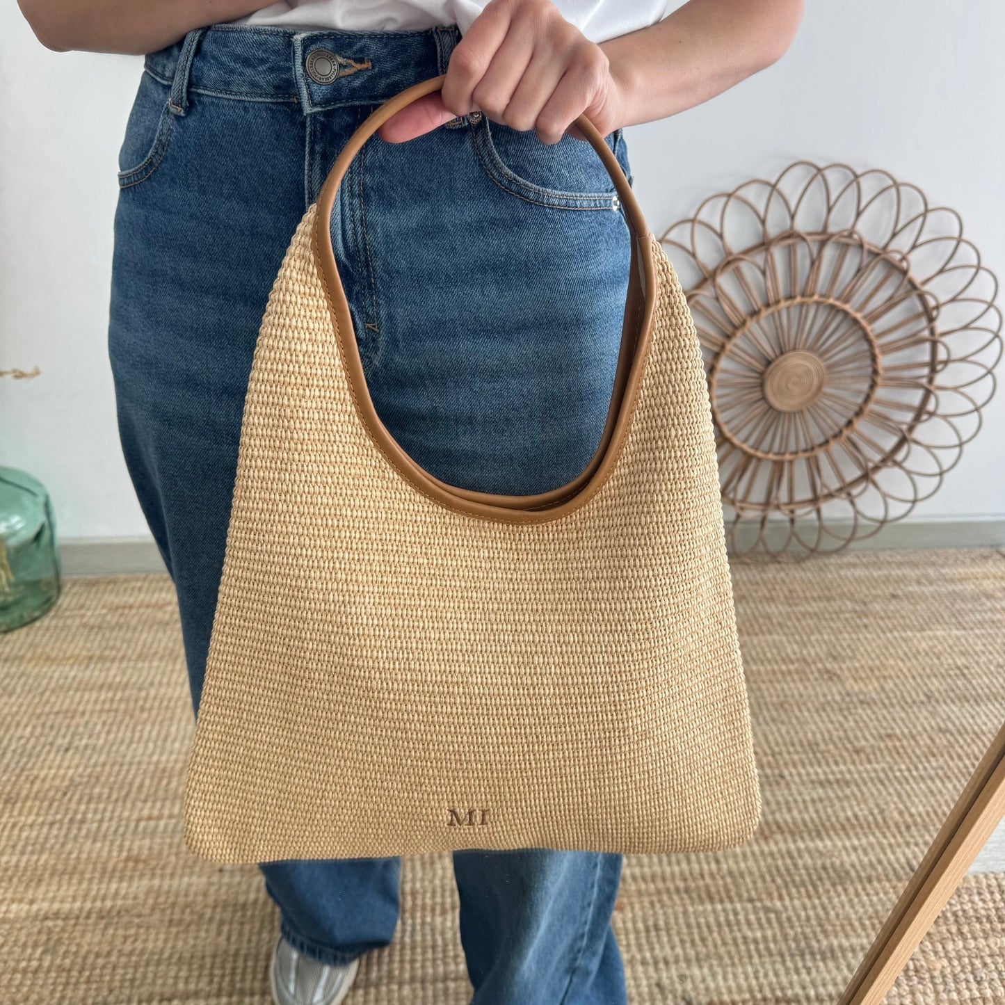 Bolso hobo combinado piel y rafia camel - Bubbleshopbcn