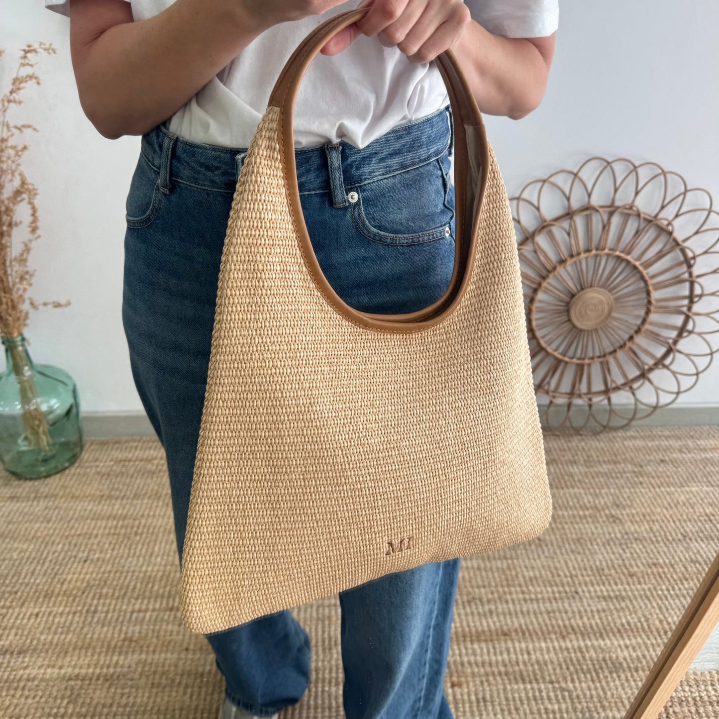 Bolso hobo combinado piel y rafia camel - Bubbleshopbcn