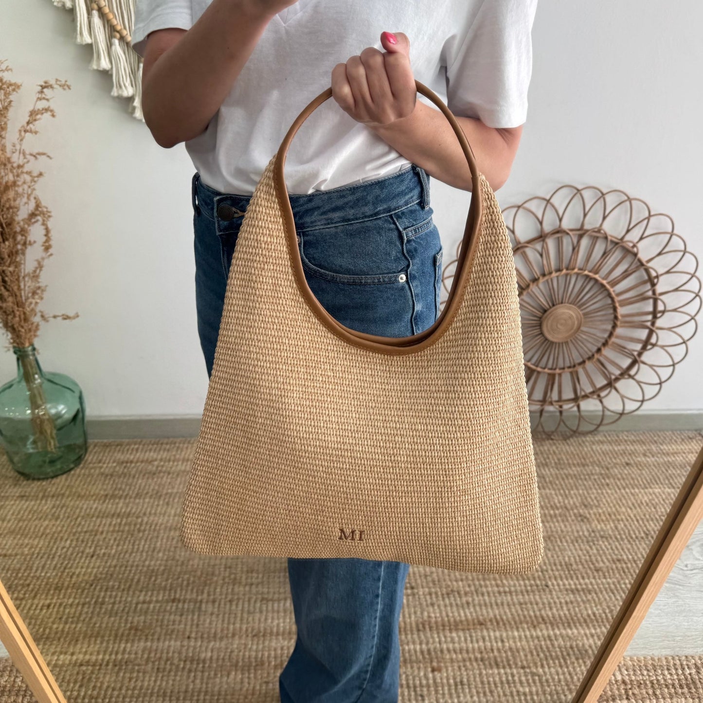 Bolso hobo combinado piel y rafia camel - Bubbleshopbcn