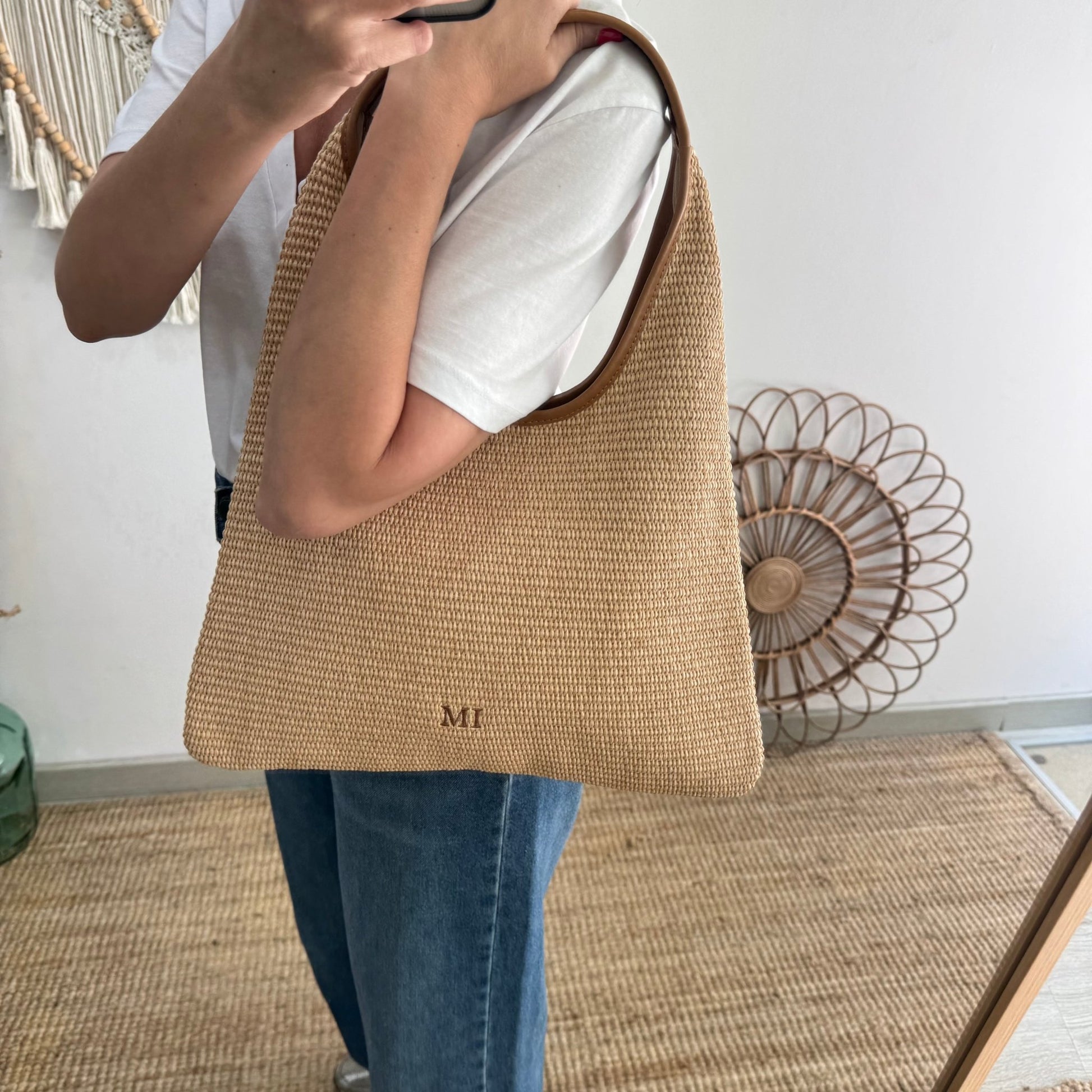 Bolso hobo combinado piel y rafia camel - Bubbleshopbcn
