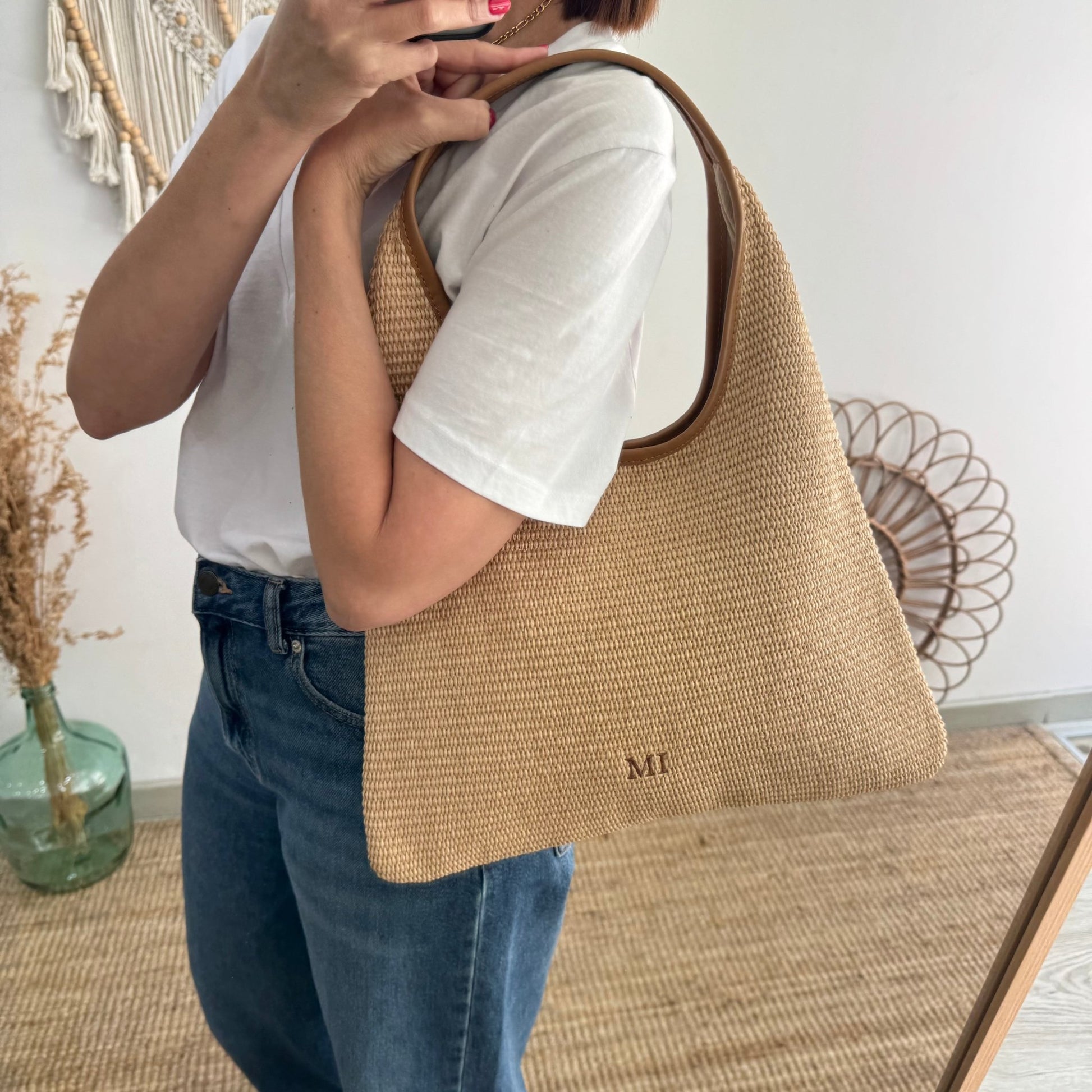 Bolso hobo combinado piel y rafia camel - Bubbleshopbcn