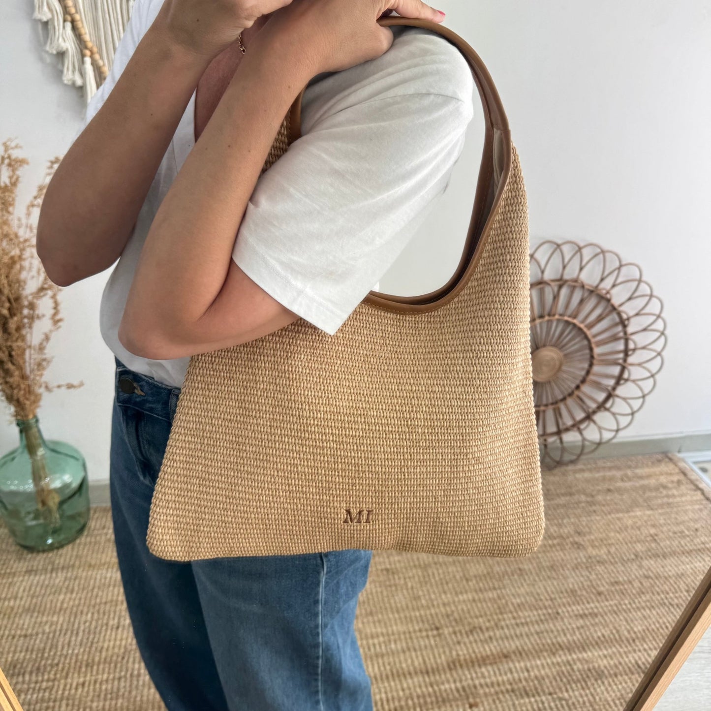 Bolso hobo combinado piel y rafia camel - Bubbleshopbcn