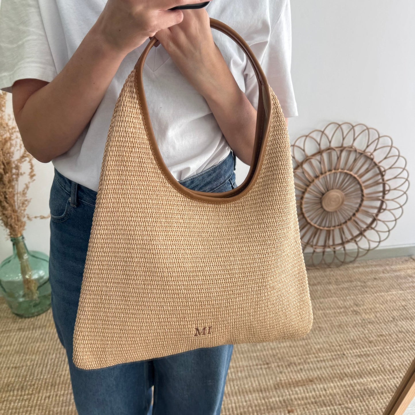 Bolso hobo combinado piel y rafia camel - Bubbleshopbcn