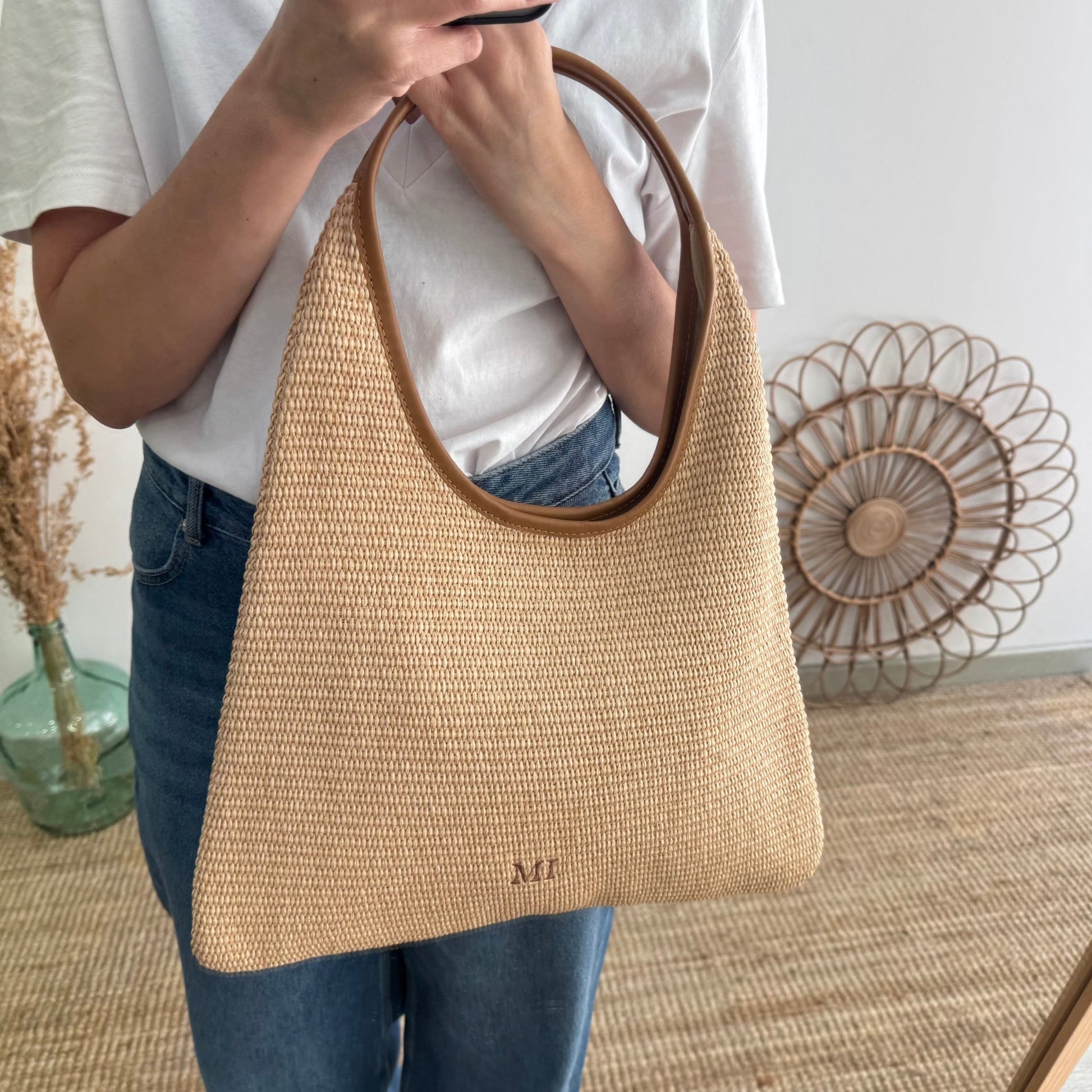 Bolso hobo combinado piel y rafia camel - Bubbleshopbcn