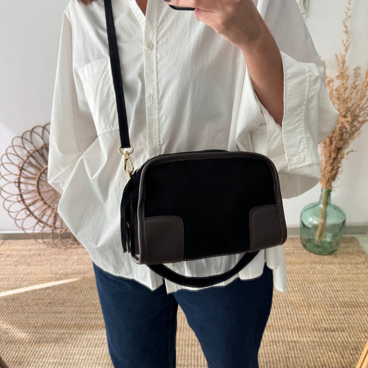Bolso baúl serraje negro y piel marrón