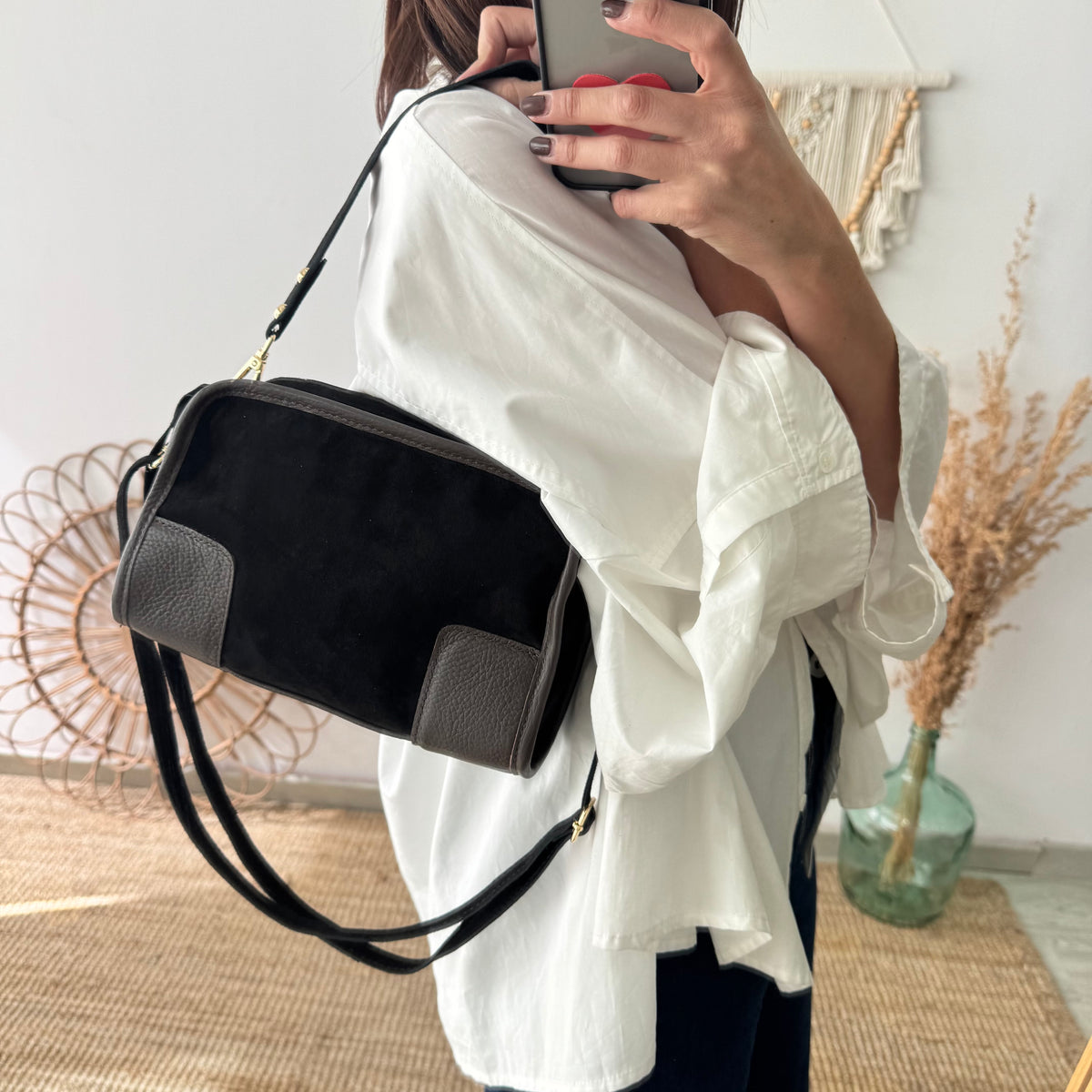 Bolso baúl serraje negro y piel marrón